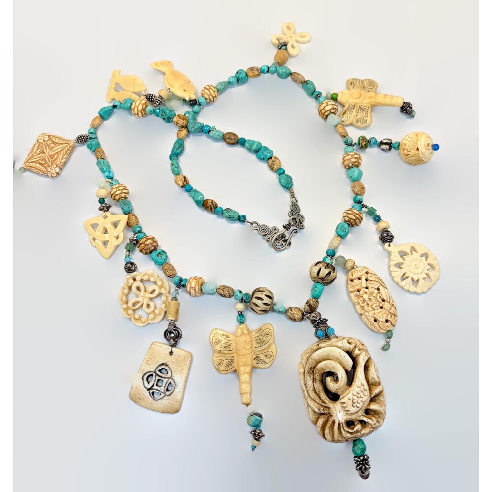 Vintage Necklace, Turquoise, Carved Bone, Peacock. Dragonfly, Fish, Beaded Artsy
